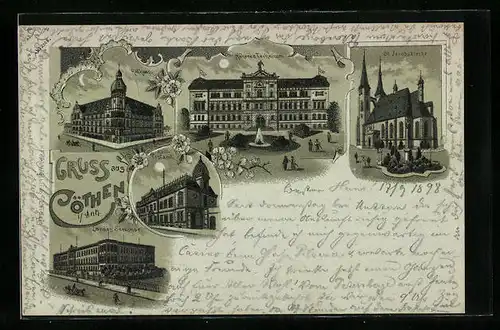Mondschein-Lithographie Cöthen i. Anh., Kaisl. Postamt, St. Jacobskirche, Höheres Technicum