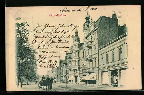 AK Neumünster, Grossflecken, Ortsansicht mit Engros-Lager Heinrich Wilde & Co.