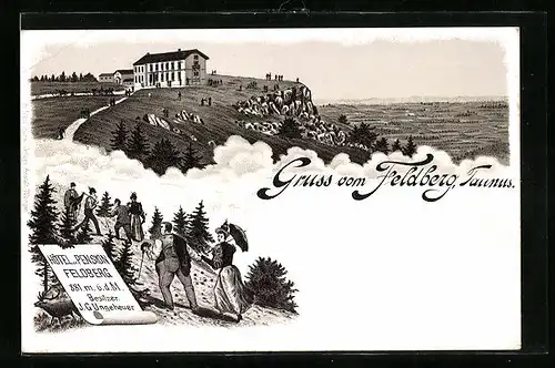 Lithographie Feldberg i. Taunus, Hotel und Pension Feldberg mit Aussicht