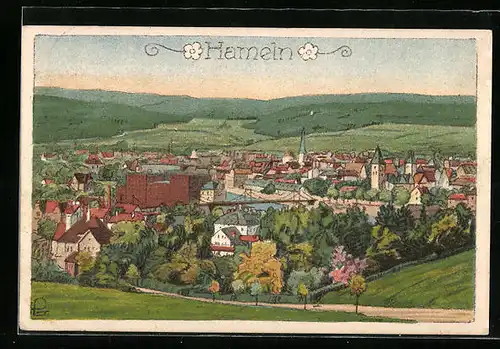 Künstler-AK Hameln, Ortsansicht aus der Vogelschau