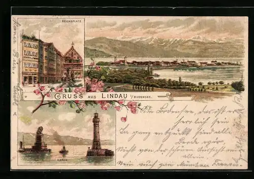 Lithographie Lindau i. Bodensee, Teilansicht, Reichsplatz mit Geschäft und Brunnen, Hafen