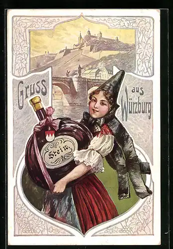 Künstler-AK Würzburg, Mädchen in Tracht mit Stein, Blick zum Residenzschloss