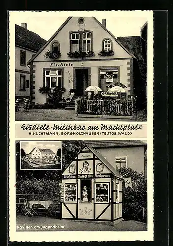 AK Borgholzhausen, Eisdiele-Milchbar am Marktplatz, Pavillon am Jugendheim