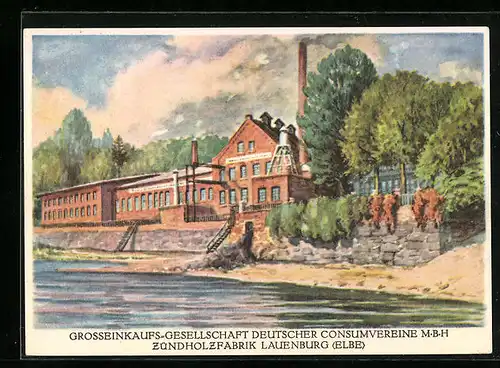 Künstler-AK Lauenburg, Grosseinkaufs-Gesellschaft Deutscher Consumvereine mbH, Zündholzfabrik