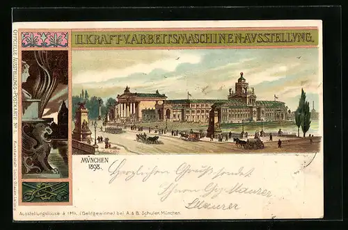 Lithographie München, Kraft- und Arbeitsmaschinen-Ausstellung 1898, Ausstellungspalast, Ganzsache Bayern