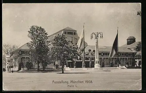 AK München, Ausstellung 1908, Halle I., Ganzsache Bayern