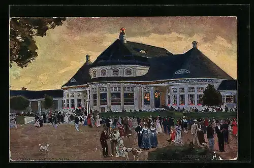 AK München, Bayrische Gewerbeschau 1912, Hauptrestaurant in der Dämmerung, Ganzsache Bayern