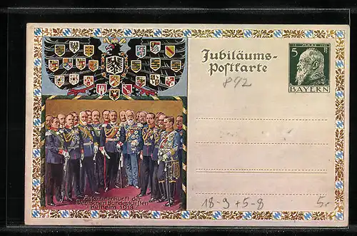 AK Kelheim, Jubiläumskarte Befreiungskämpfe, Befreiungshalle / Treffen der Bundesfürsten 1913, Ganzsache Bayern