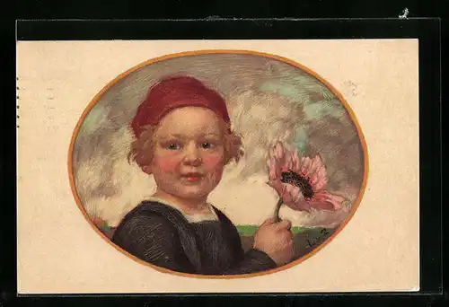 Künstler-AK Ludwig von Zumbusch: Kind mit roter Mütze und Blume, Bayerischer Blumentag 1913, Ganzsache Bayern