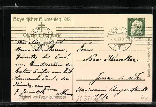 Künstler-AK Ludwig von Zumbusch: Kind mit roter Mütze und Blume, Bayerischer Blumentag 1913, Ganzsache Bayern