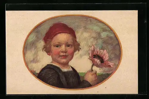 Künstler-AK Ludwig von Zumbusch: Knabe mit roter Mütze und Blume, Bayerischer Blumentag 1913, Ganzsache Bayern