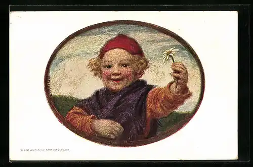 Künstler-AK Ludwig von Zumbusch: Lächelndes Kind mit roter Mütze und Blume, Bayerischer Blumentag 1911, Ganzsache Bayern