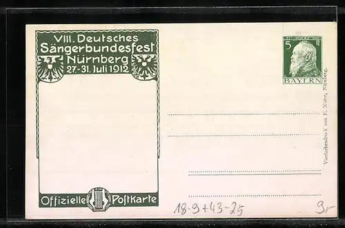AK Nürnberg, Sängerfest 1912, Festpostkarte mit Ortsansicht, Reichsadler und Lyra, Ganzsache Bayern