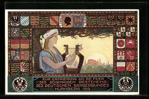 AK Nürnberg, Sängerfest 1912, Festpostkarte mit Ortsansicht und Figur mit Lyra, Wappen, Ganzsache Bayern