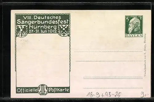 AK Nürnberg, Sängerfest 1912, Festpostkarte mit Ortsansicht und Figur mit Lyra, Wappen, Ganzsache Bayern