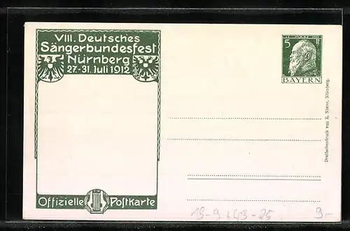 AK Nürnberg, Sängerfest 1912, Festpostkarte mit Sängerhalle und Wappen, Ganzsache Bayern