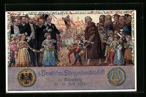 AK Nürnberg, Sängerfest 1912, Festpostkarte mit Festaufzug vor Ortsansicht, Reichsadler und Lyra, Ganzsache Bayern