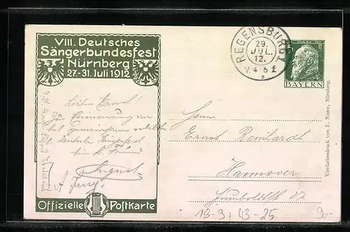 AK Nürnberg, Sängerfest 1912, Festpostkarte mit Festaufzug vor Ortsansicht, Reichsadler und Lyra, Ganzsache Bayern