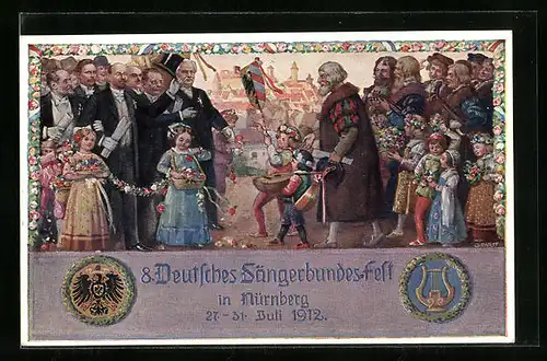 AK Nürnberg, Sängerfest 1912, Festpostkarte, Festaufzug mit Kindern, Reichsadler und Lyra, Ganzsache Bayern