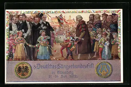 AK Nürnberg, Sängerfest 1912, Festpostkarte, Festliche Szene mit Kindern, Reichsadler und Lyra, Ganzsache Bayern