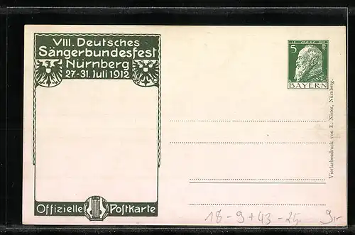 AK Nürnberg, Sängerfest 1912, Festpostkarte, Festliche Szene mit Kindern, Reichsadler und Lyra, Ganzsache Bayern