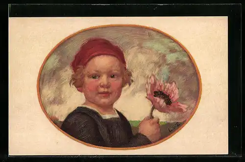 Künstler-AK Ludwig von Zumbusch: Kind mit roter Mütze und grosser Blume, Bayerischer Blumentag 1913, Ganzsache Bayern