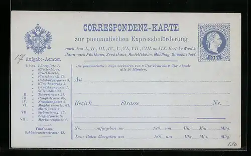 AK Correspondenz-Karte zur pneumatischen Expressbeförderung, Ganzsache Wien