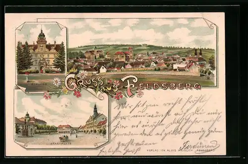 Lithographie Feldsberg, Ortsansicht, Schloss und Stadtplatz