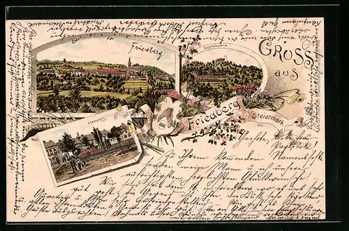 Lithographie Friedberg, Gesamtansicht, Schiessstätte und Stadtplatz