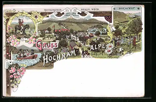 Lithographie Gablitz, Gasthaus Hochram-Alpe und Umgebung, Garten mit Blick auf Wien