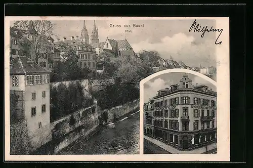 AK Basel, Teilansicht mit Pfalz, Restaurant Bayrischer Hof