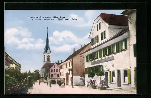 AK Pfäffikon, Strassenpartie mit Gasthaus Hirschen und Kirche