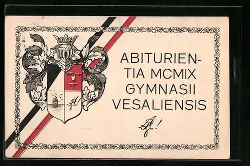Künstler-AK Abiturientia MCMIX Gymnasii Vesaliensis, Ritterhelm und Studentenwappen