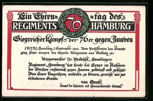 Künstler-AK Hamburg-Rotherbaum, Ein Ehrentag des Regiments 76 Hamburg, Siegreicher Kampf der 76er gegen Zuaven 1914