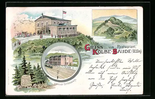 Lithographie Dittersbach, Restaurant Kolbe-Baude, Bahnhof, Schlossberg