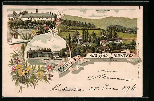 Lithographie Bad Liebwerda /Böhmen, Kurhaus, Kurplatz, Ortspartie