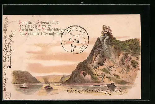 Vorläufer-Lithographie Loreley, 1895, Loreley sitzt auf dem Loreleyfelsen