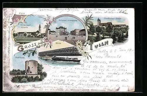 Lithographie Tulln, Amtshaus mit Hauptplatz, Franz Josef-Kaserne, Pfarrkirche, Schule