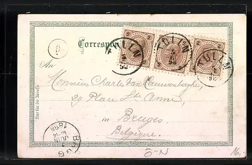 Lithographie Tulln, Amtshaus mit Hauptplatz, Franz Josef-Kaserne, Pfarrkirche, Schule