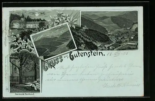 Lithographie Gutenstein, Raimund-Denkmal, Maria Hilf, Klosterthal und Totalansicht