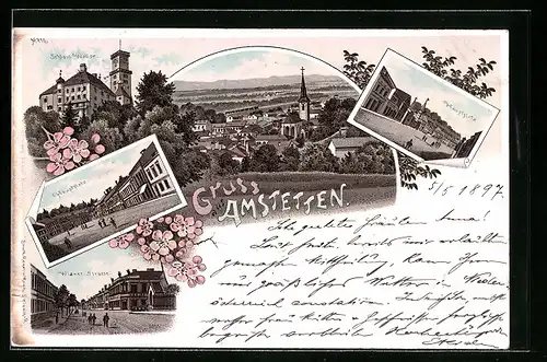 Lithographie Amstetten, Hauptplatz, Schloss Wallse, Ortsansicht