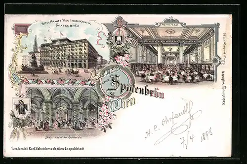 Lithographie Wien, Hotel Krantz, Neuer Markt 6, Marmorsaal, Majolikasaal
