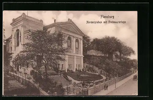 AK Flensburg, Nordergraben mit Freimaurerloge, Freimaurer