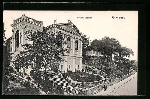 AK Flensburg, Nordergrabenstrasse mit Freimaurerloge
