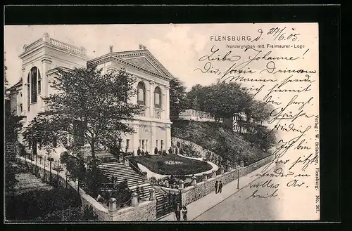 AK Flensburg, Nordergraben mit Freimaurer-Loge, Freimaurer