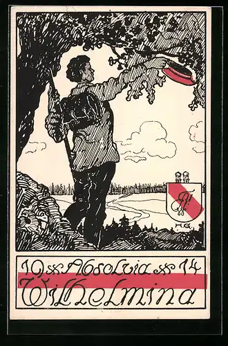 AK München, Absolvia Wilhelmina 1914, Student winkt mit Tönnchen