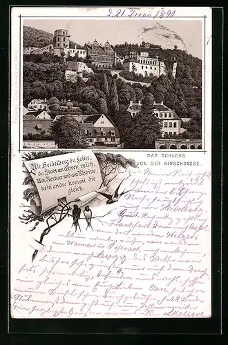 Vorläufer-Lithographie Heidelberg, Schloss von der Hirschgasse betrachtet 1890