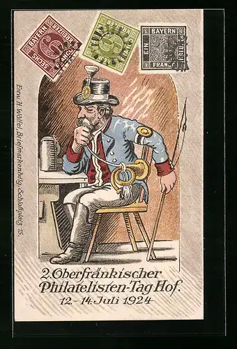 Künstler-AK Hof / Saale, 2. Oberfränkischer Philatelisten-Tag 12.-14. Juli 1924, Postillon im Gasthaus