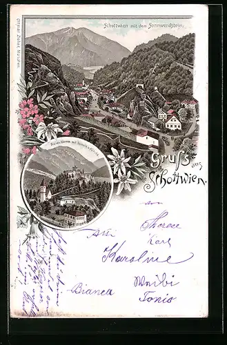 Lithographie Schottwien, Ruine Klamm mit Schule & Kirche, Gesamtansicht mit Sonnwendstein