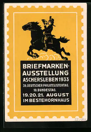 AK Aschersleben, Briefmarken-Ausstellung 1933, Postbeamter zu Pferd